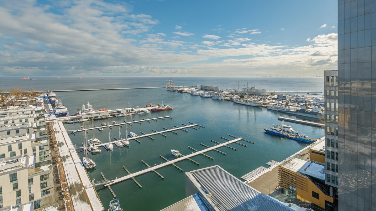 A panoramic view of a marina is presented, showcasing a harbor filled with boats docked alongside spacious slips. The surrounding area features modern buildings and open waters reflecting the sky, with distant ships visible under a partly cloudy horizon.