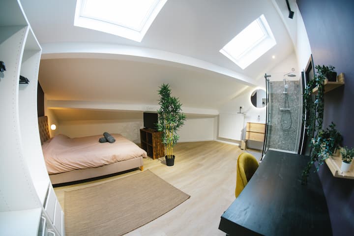 Amplia habitación con una cómoda cama doble