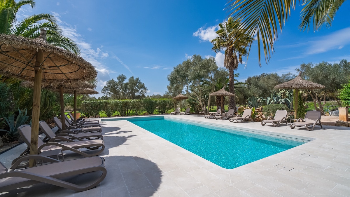 A sparkling community pool is framed by palm trees and olive groves. Sun loungers are positioned around the pool area, providing space for relaxation. Thatched umbrellas offer shade, contributing to a tranquil outdoor setting surrounded by lush greenery.