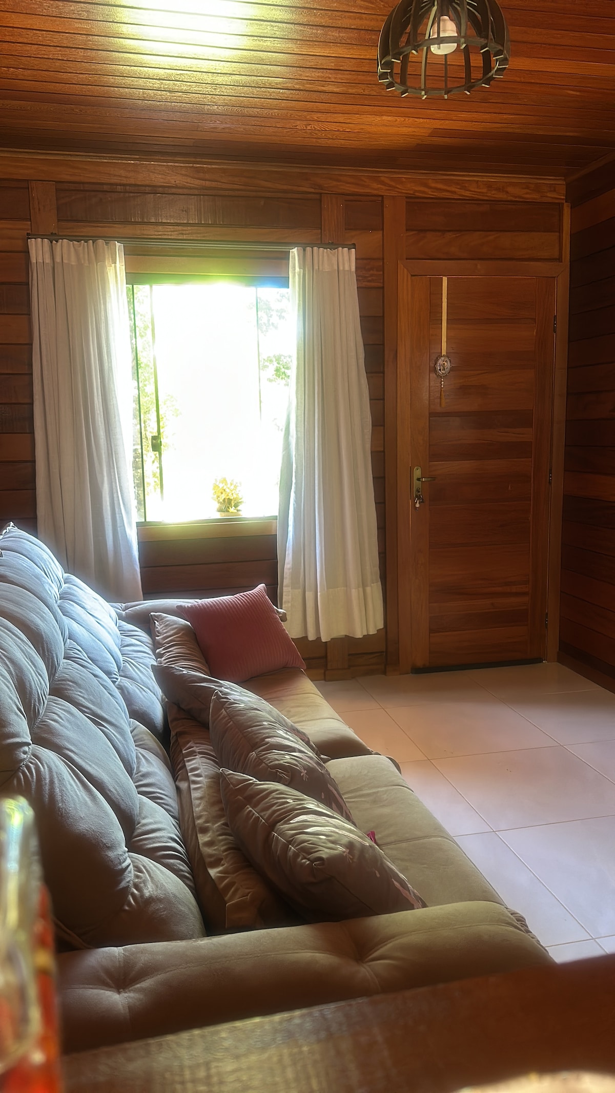 An inviting living space is highlighted by a plush sofa adorned with pillows. Natural light filters through a large window, accented by sheer white curtains. The warm wooden walls add a touch of elegance, complemented by a simple door on the opposite side.