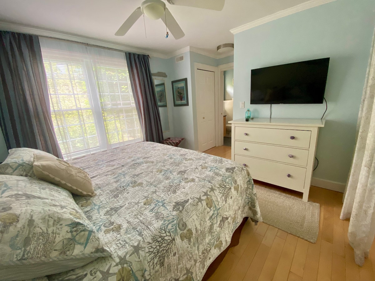 The first floor master suite; king bed with private full bathroom, includes 2 closets and a Smart TV.