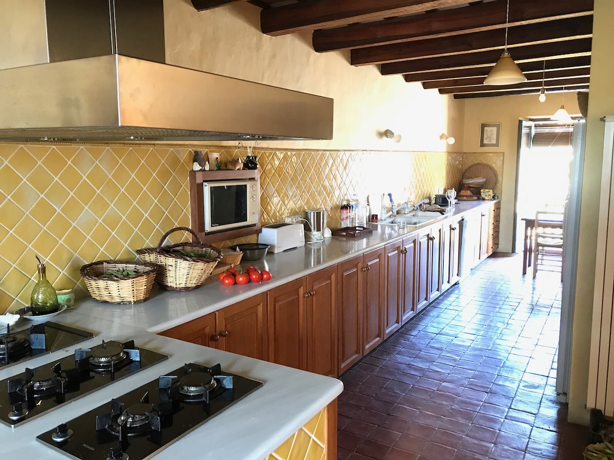 A spacious kitchen is equipped with wooden cabinetry and a long countertop. Gas stoves are located prominently in front, while various kitchen appliances, including a microwave, are visible. Large windows illuminate the area, showcasing a welcoming and functional cooking space.