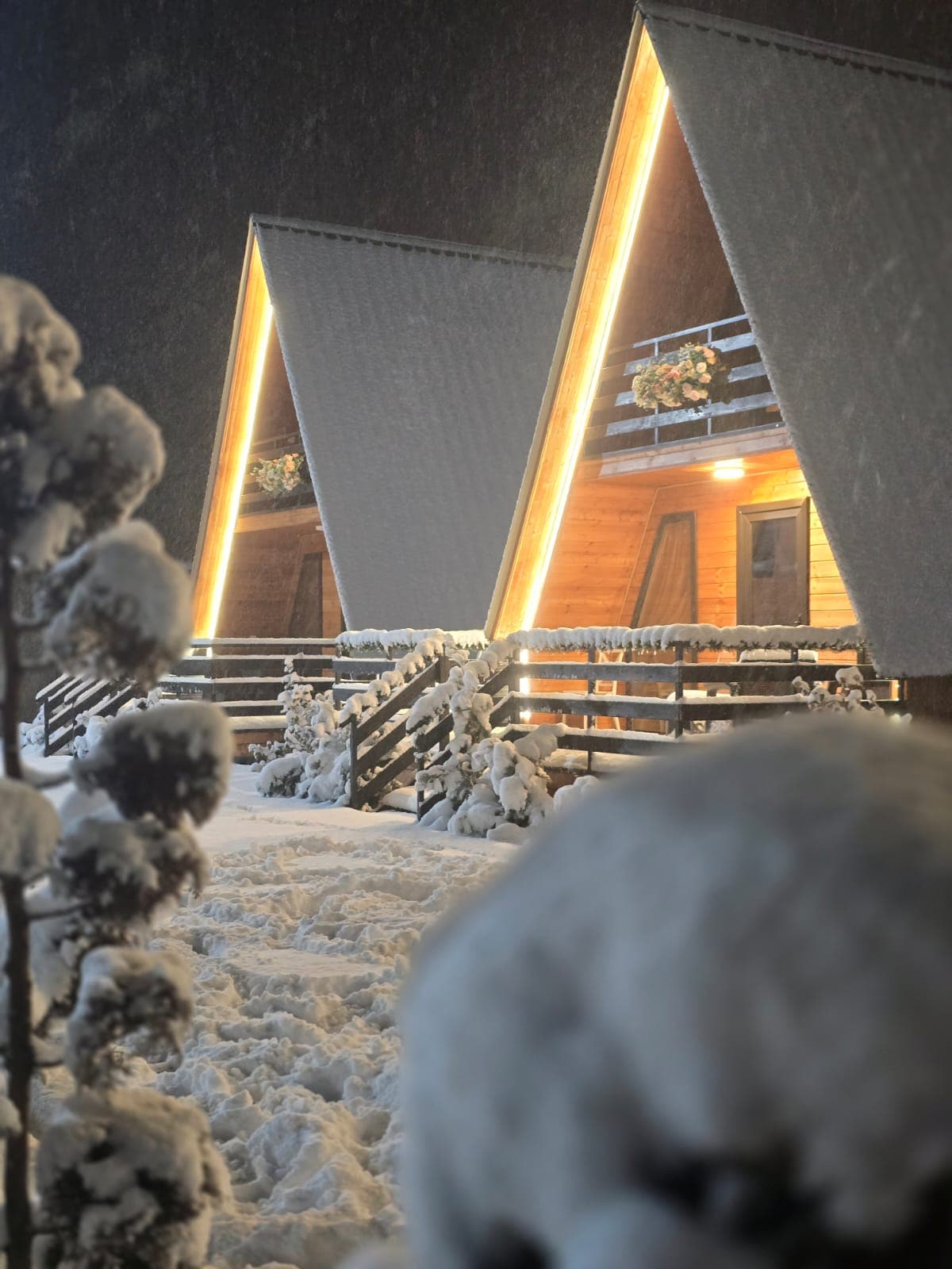 The exterior of a two-story cottage is illustrated under a blanket of snow. The A-frame structure features illuminated edges, highlighting the winter scene. Snow-covered steps lead to the entrance, surrounded by frosted evergreen shrubs, creating a serene and inviting atmosphere.