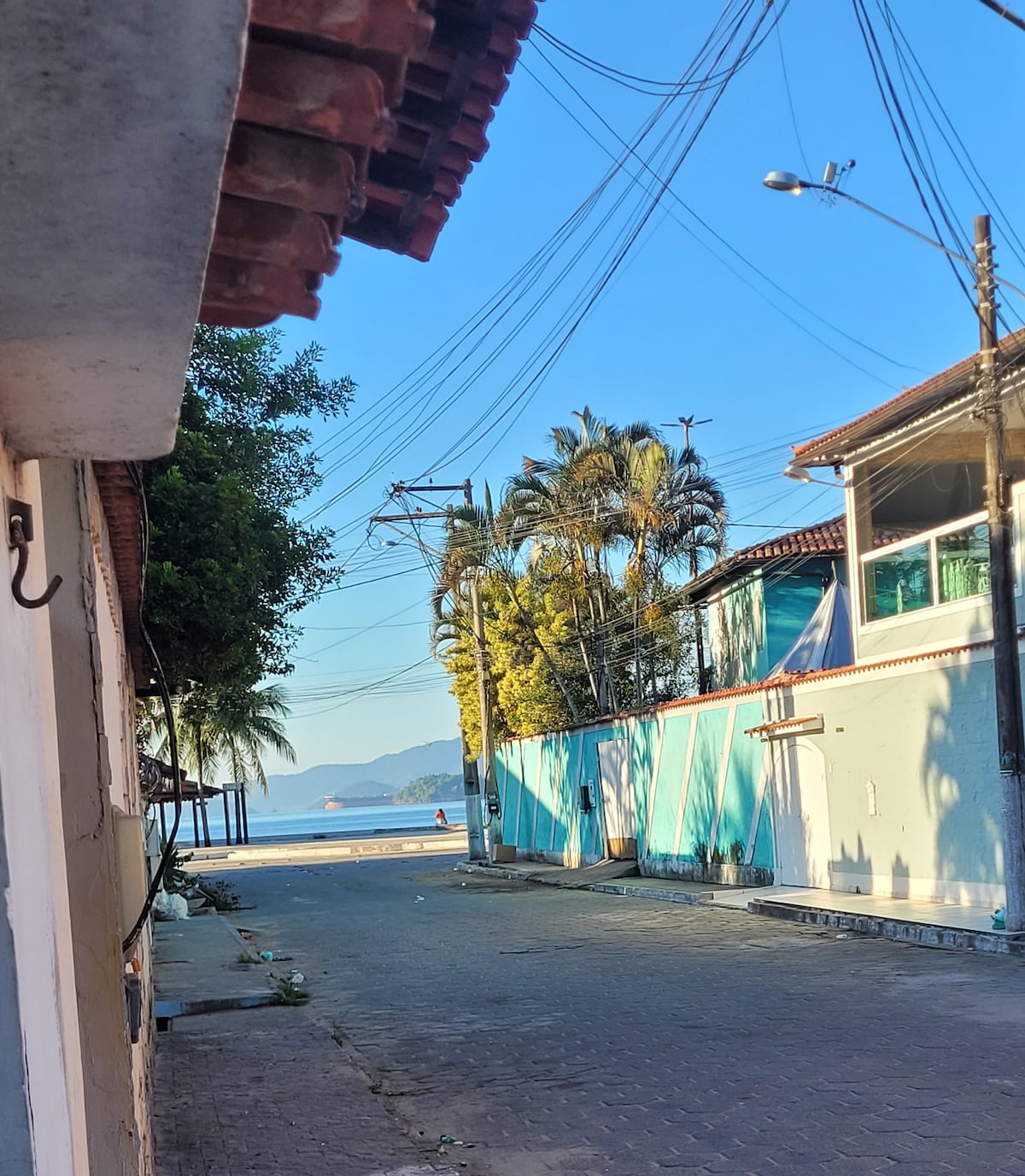 A quiet street lined with palm trees leads toward the beach, where the ocean is visible in the distance. Bright blue walls of nearby buildings contrast with the clear sky. The pathway is paved, and power lines are seen overhead.