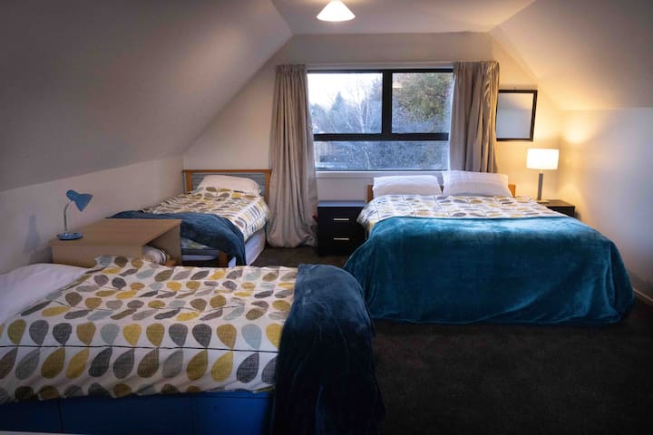 Dormitorio loft con cama doble, cama tamaño queen, dos camas individuales, una cama individual desplegable, sofá, TV pequeña con reproductor de DVD, totalmente aislado, con calentadores de pared y columna. Acceso en la planta superior a través del pasillo trasero. Foto del extremo norte del loft.