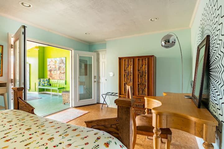 Another shot of the private bedroom located off the lower screened porch.  This room also has its very own climate control system.  The floor is responsibly-harvested cork; pretend you're sleeping on top of the world's largest bottle of champagne.