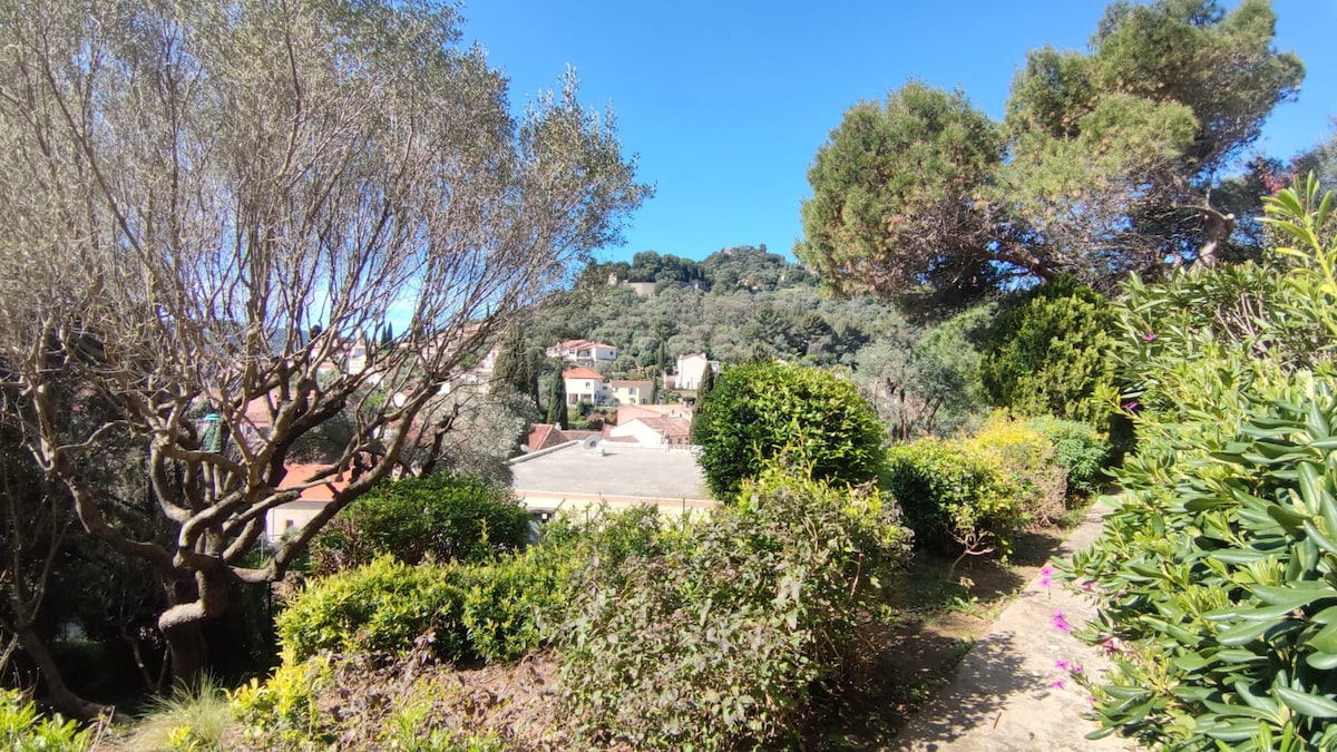 A landscaped garden area is shown, featuring a variety of greenery including shrubs and trees. The scene is complemented by a clear blue sky. In the distance, the rooftops of neighboring houses are visible, along with a hillside covered in vegetation.