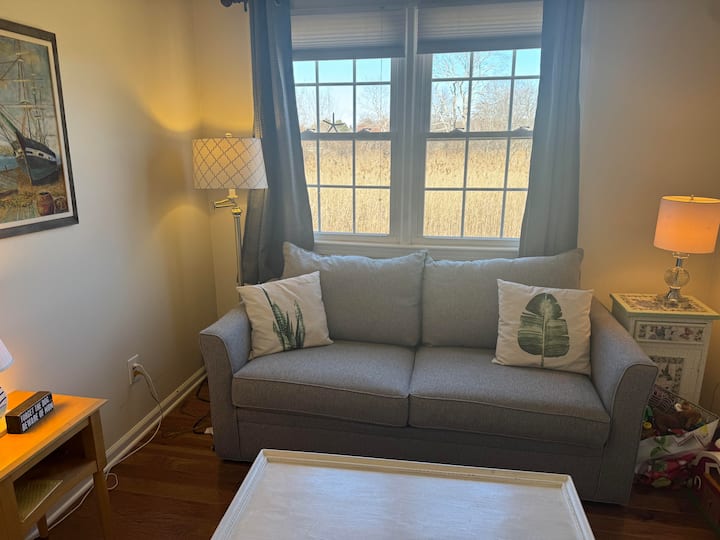 Dhoma e tretë e gjumit/stenda me pamje nga këneta me një divan gjumi që bëhet krevat dopio.