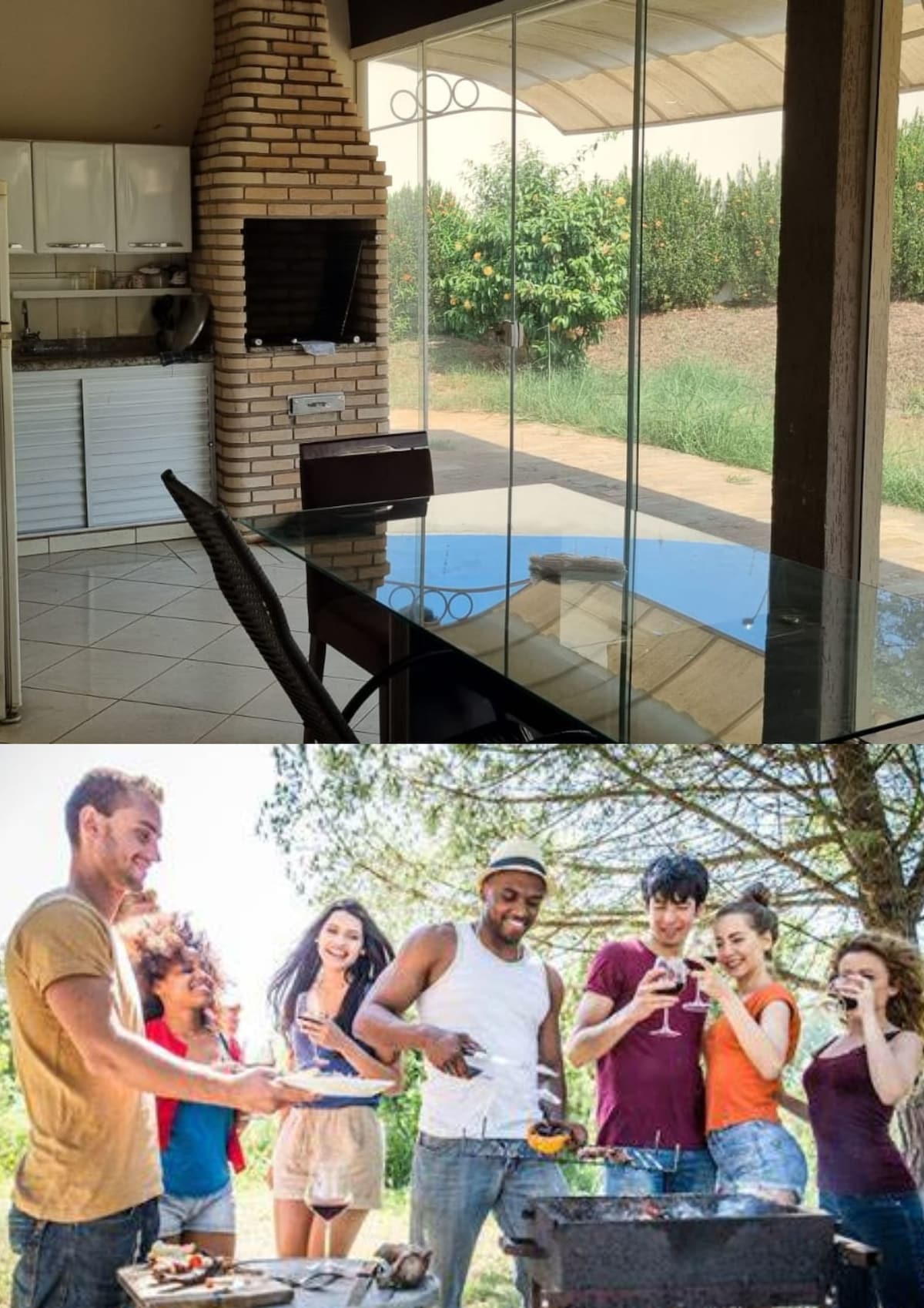 A dining area is presented featuring a glass table surrounded by black chairs, with large windows providing a view of the outdoor area. An adjacent barbecue space is visible, where a group of individuals is engaged in cooking and enjoying a gathering.