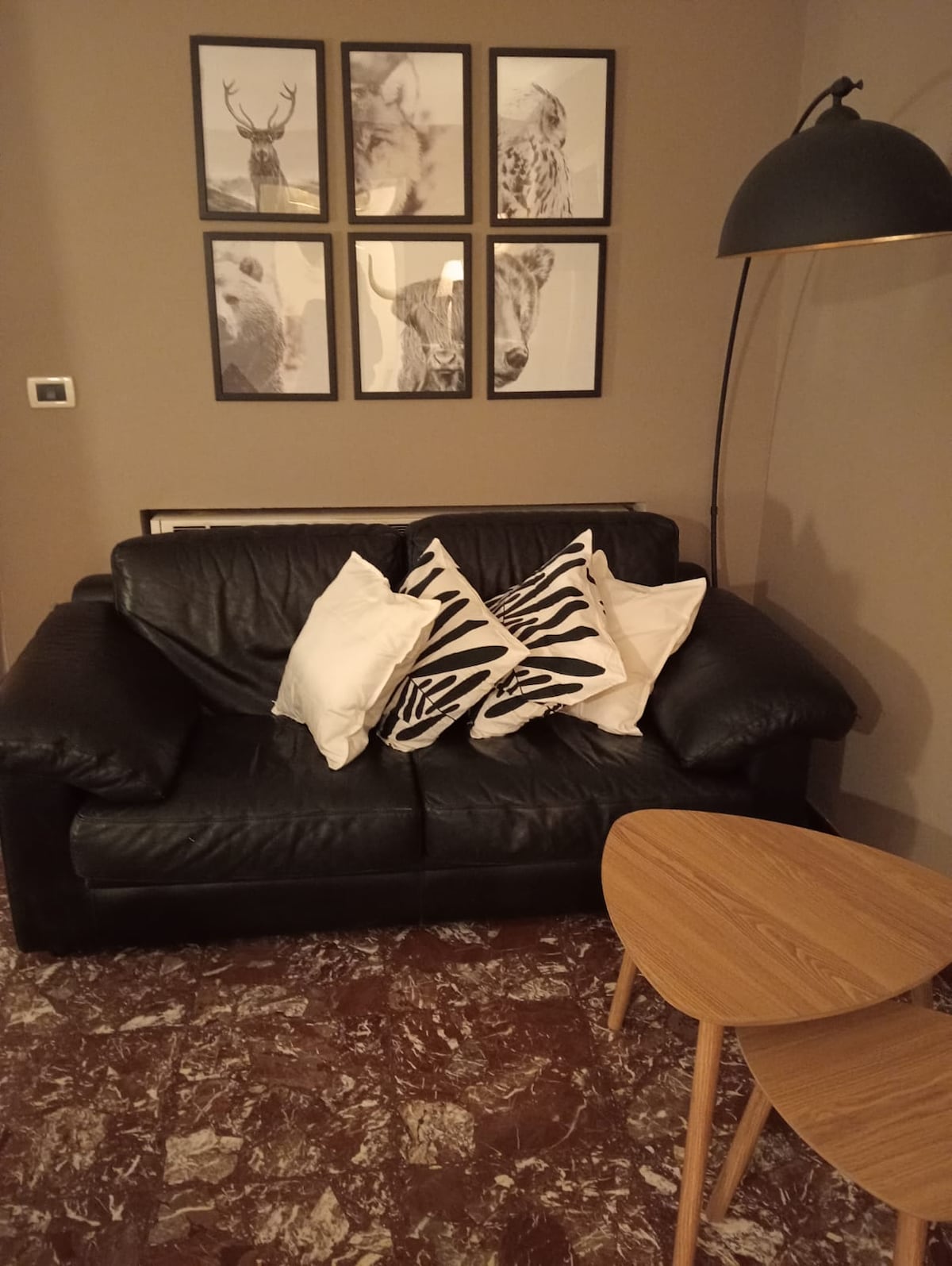 A black leather sofa is complemented by decorative pillows featuring a zebra print. Adjacent to the sofa is a wooden coffee table with a curved design. The wall behind features a gallery of framed images depicting various animals, adding an artistic touch to the space.
