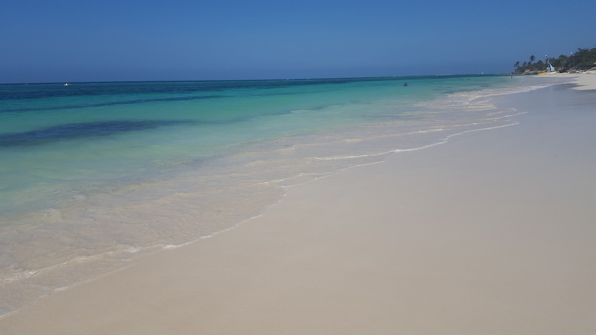A serene beach scene features soft, white sand meeting calm, turquoise waters under a clear blue sky. Gentle waves lap at the shoreline, creating a peaceful atmosphere, with palm trees faintly visible in the background.