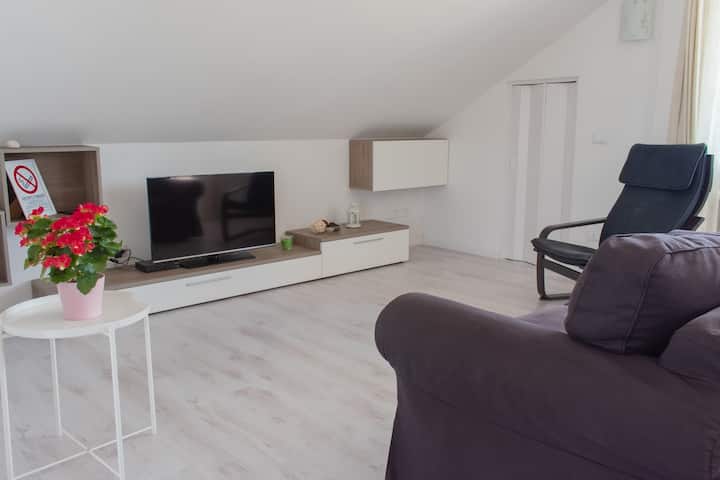 hapësirë në dhomën e ndenjjes me divan krevat dopio