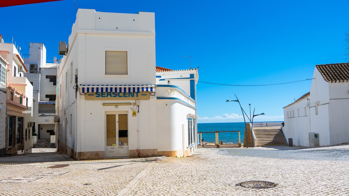 A bright, white building marked with the word 'SEASCENT' is depicted on a cobblestone street. Clear blue skies and sparkling ocean views are visible at the end of the street. Nearby structures maintain a charming coastal architecture.