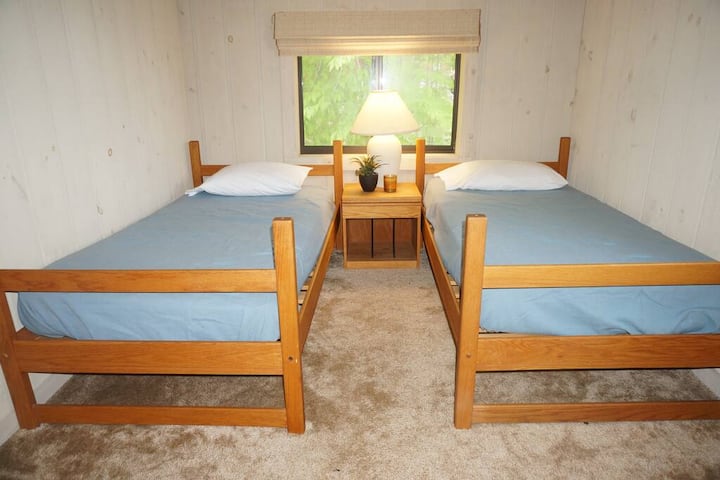 A cozy bedroom with two wooden twin beds, blue bedding, and a nightstand with a lamp between them.
