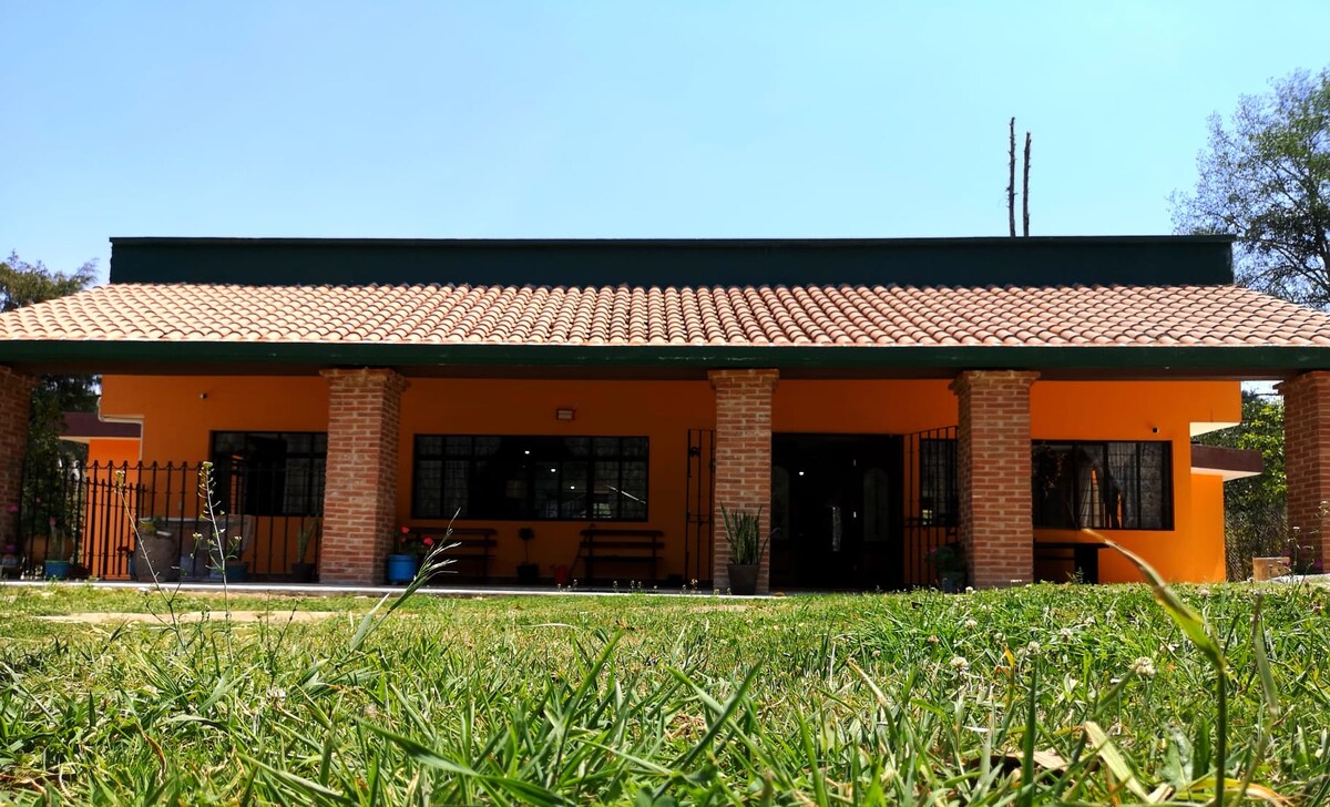A vibrant exterior view of the cabin features a warm orange facade complemented by sturdy brick columns. The well-maintained lawn extends in front, framing large windows that provide natural light to the interior spaces. A clear sky enhances the inviting atmosphere.