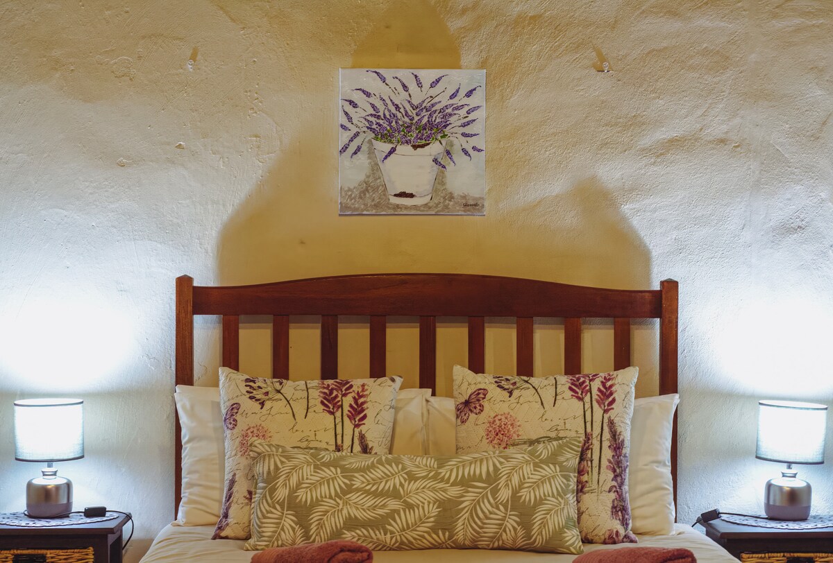 A wooden headboard supports a spacious bed dressed with patterned pillows and a decorative throw. Flanking the bed, two bedside lamps provide soft illumination. Above, a floral artwork adds a touch of colour to the earthy-toned wall.