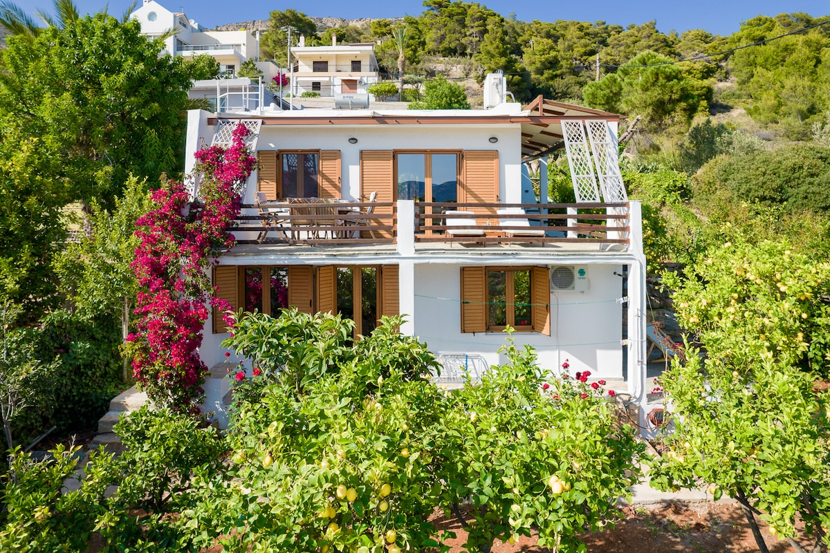 A charming villa is nestled among lush greenery, showcasing a warm facade with wooden shutters. Bright flowering plants add vibrant color, while a spacious balcony invites relaxation. Surrounding trees provide a natural atmosphere, creating a serene setting for guests.