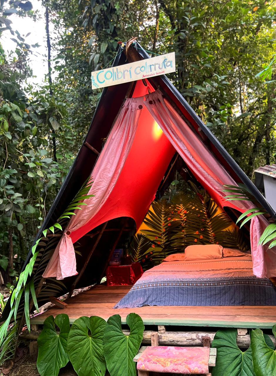 A tent-style structure is situated among lush greenery, featuring a spacious bed framed by tropical plants. The interior is highlighted by soft lighting and warm-colored fabrics, creating a cozy ambiance. A sign reading 'Colibrí Coltriba' is displayed above the entrance, inviting guests inside.