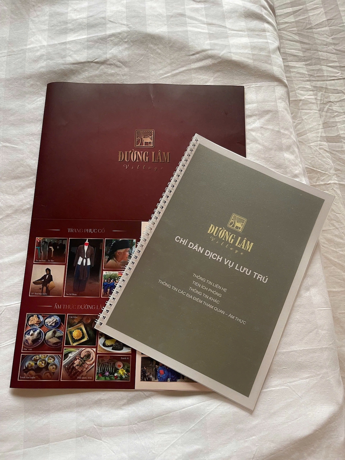 An arrangement of two informational booklets is placed on a light-colored, textured surface. The top booklet features a deep red cover with gold lettering, while the lower booklet displays a grey cover with a formal title. Both provide insights into local accommodations and services.