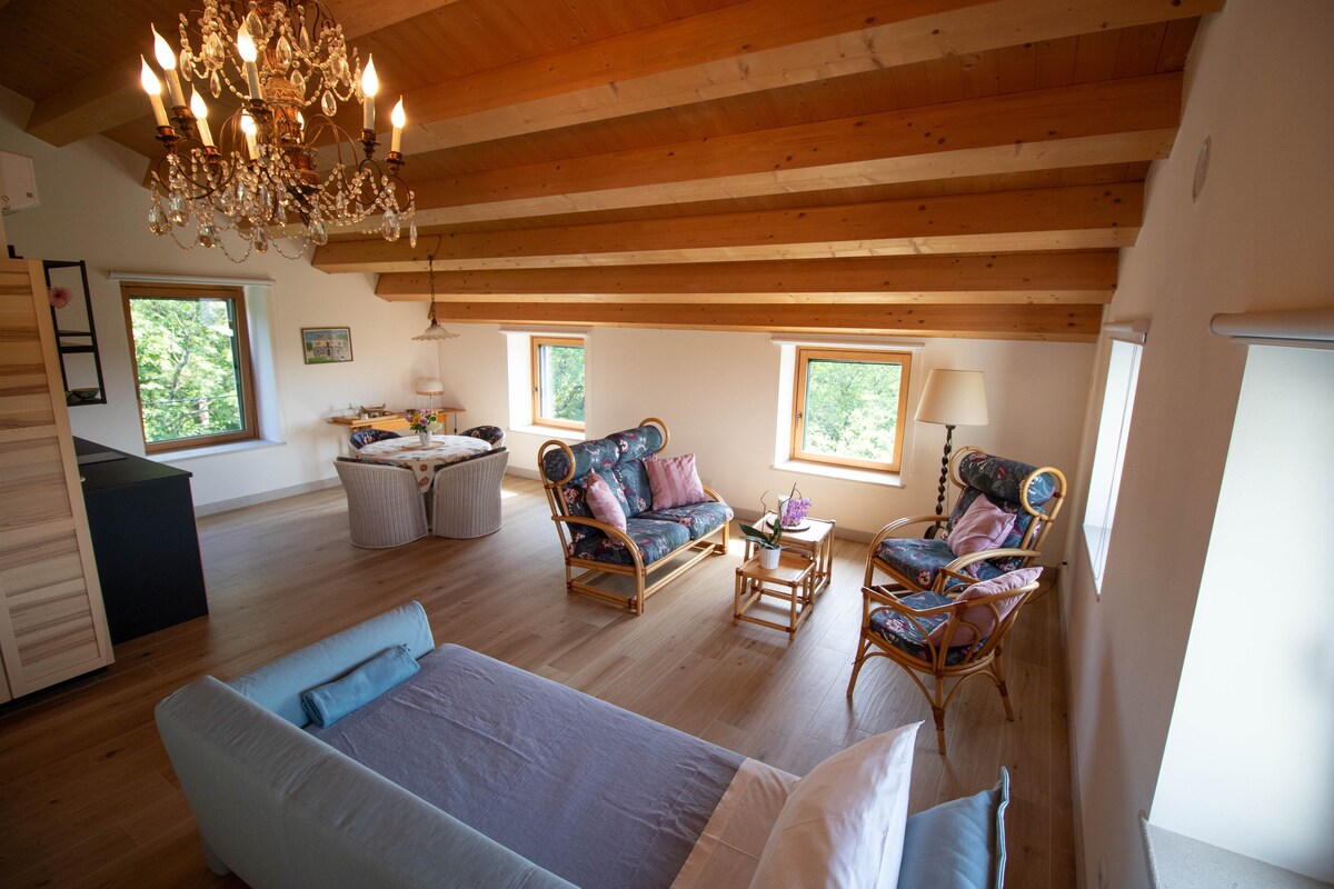 A spacious living area features exposed wooden beams on the ceiling. Two armchairs and a light-colored couch are arranged around a wooden coffee table. Natural light enters through multiple windows, illuminating the inviting decor.