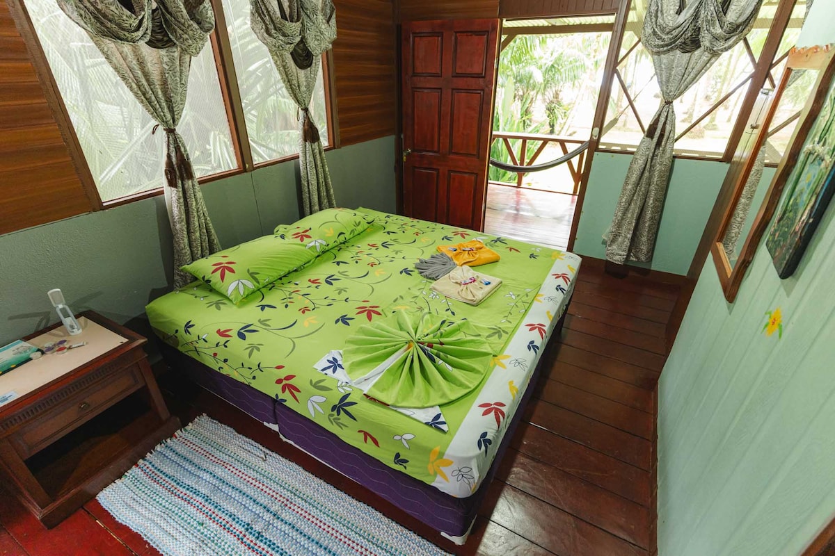 A cozy guest room features a large bed adorned with colorful, tropical-patterned linens. Natural light filters through large windows, illuminating wooden accents and a vibrant area rug. A bedside table is positioned next to the bed, and a mirror reflects the inviting atmosphere.