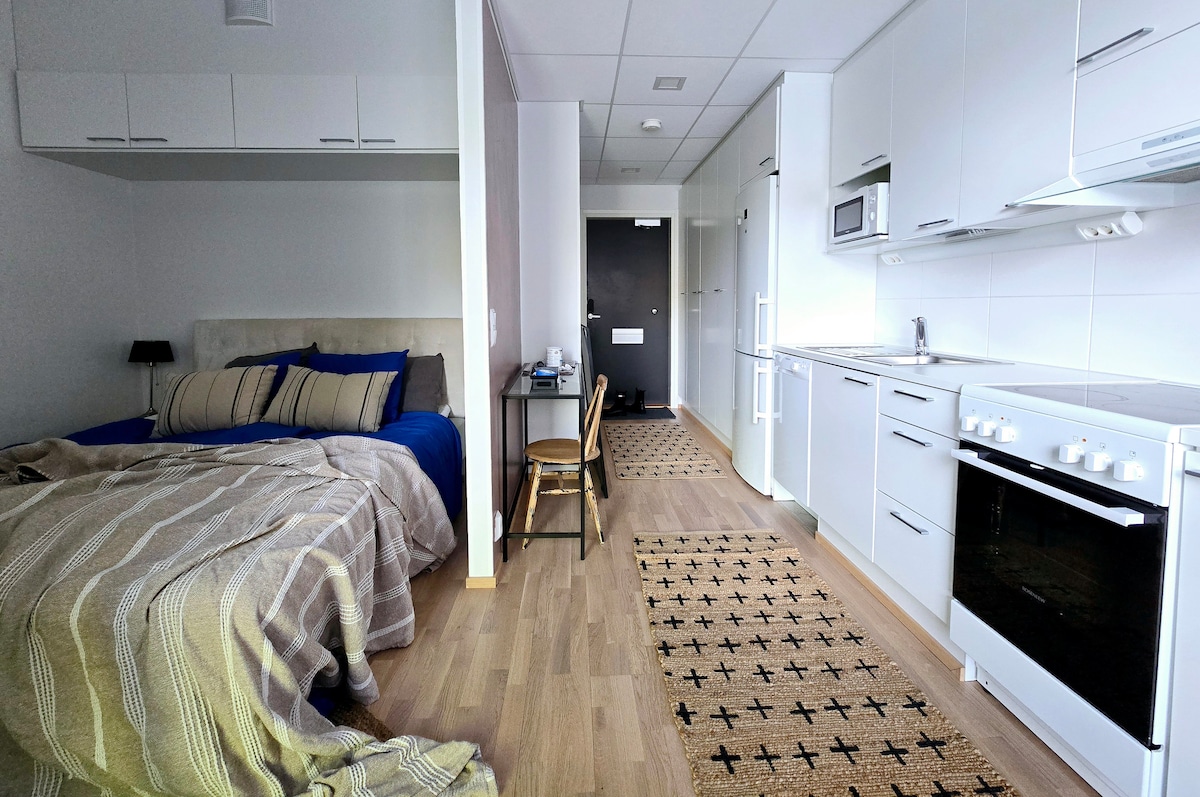 A studio apartment is shown, featuring a bed with blue and beige linens. A kitchenette with modern appliances is visible, along with a small dining table and a chair. Light hardwood flooring extends throughout the space, complemented by a textured rug.