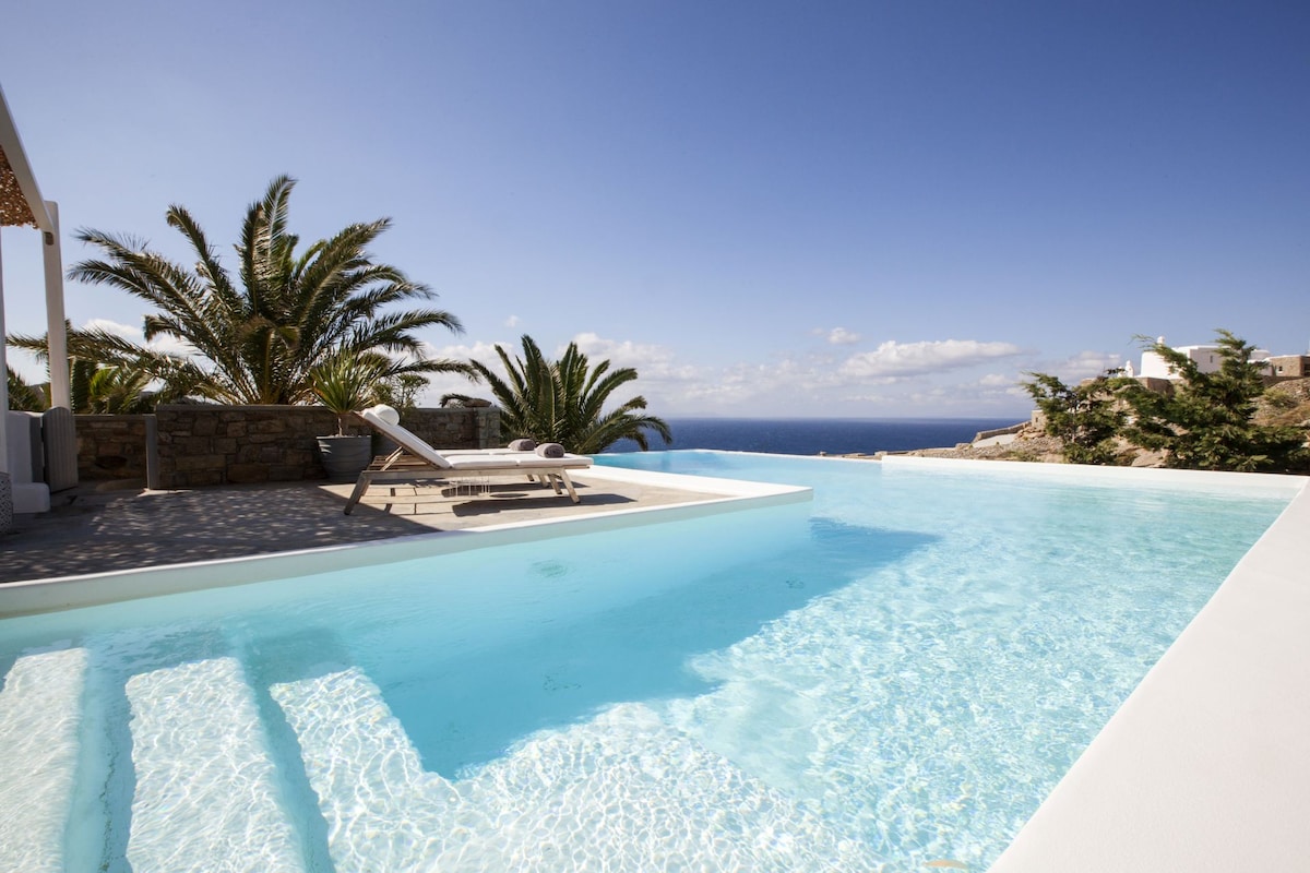A heated L-shaped infinity pool extends toward the horizon, offering views of the sea. Surrounding palm trees contribute to a tropical ambiance. The pool features gentle steps for easy access, and a sun lounger rests at the pool's edge under a shaded awning.