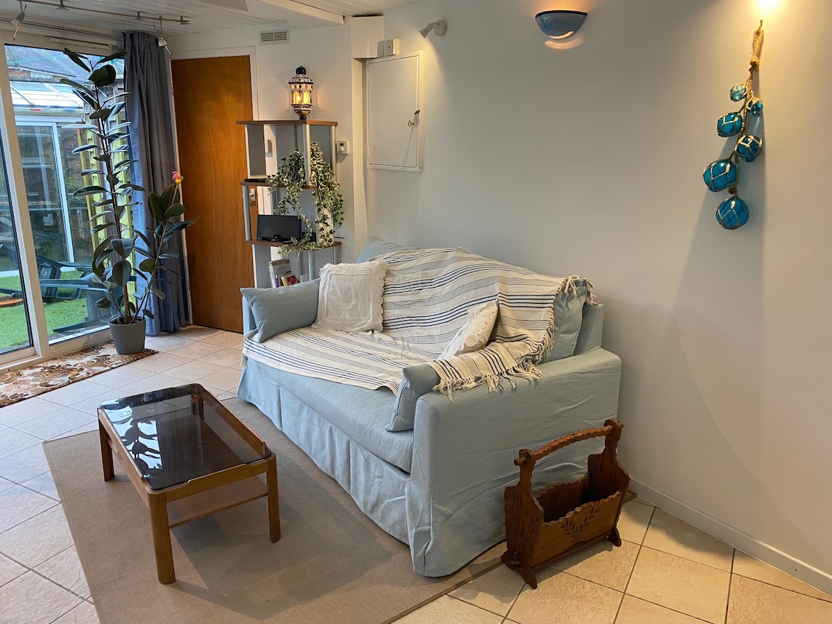 A light-filled lounge area is presented, featuring a comfortable blue sofa draped with a striped throw. A wooden coffee table is placed centrally on a soft area rug. Green plants add a touch of nature to the space, with ample natural light entering through large glass doors.