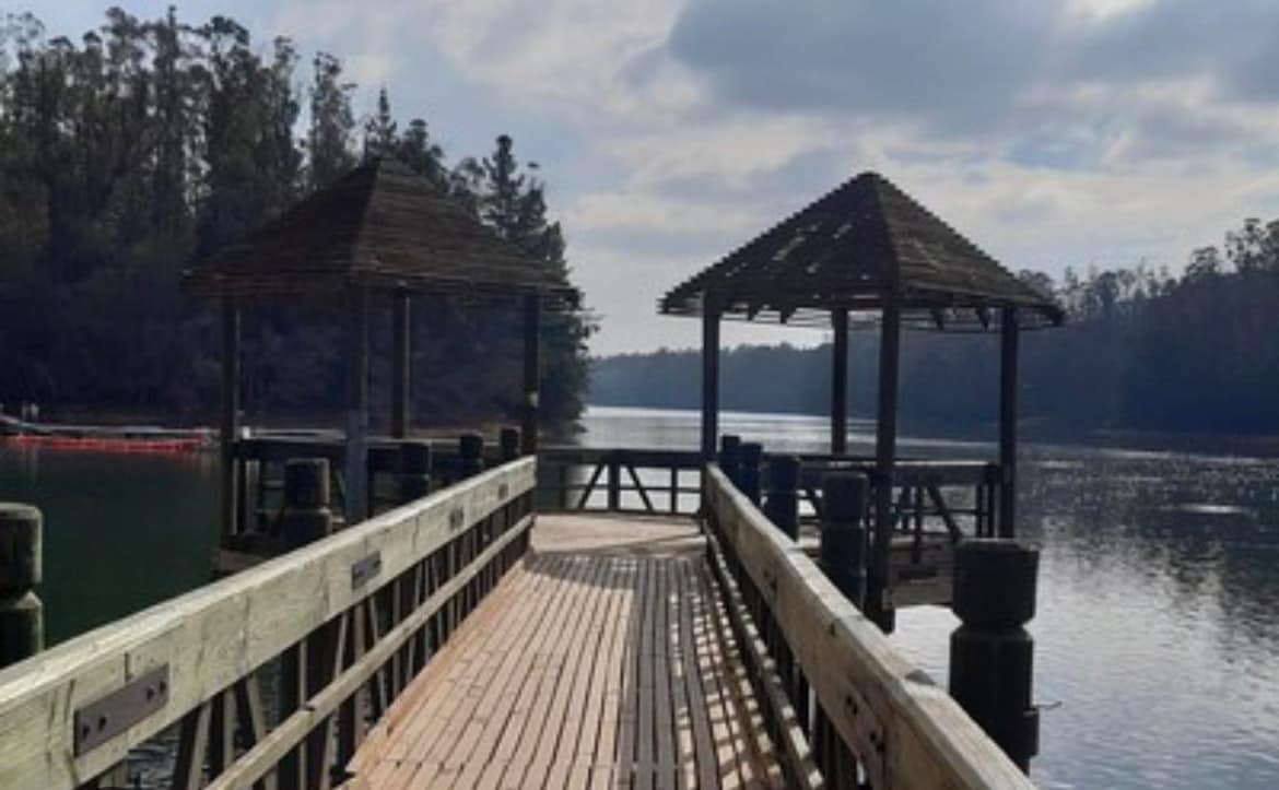 A wooden pier extends into calm waters, flanked by two gazebo-like structures. Tall trees are visible in the background, providing a natural border. The sky is overcast, reflecting soft light on the water's surface.
