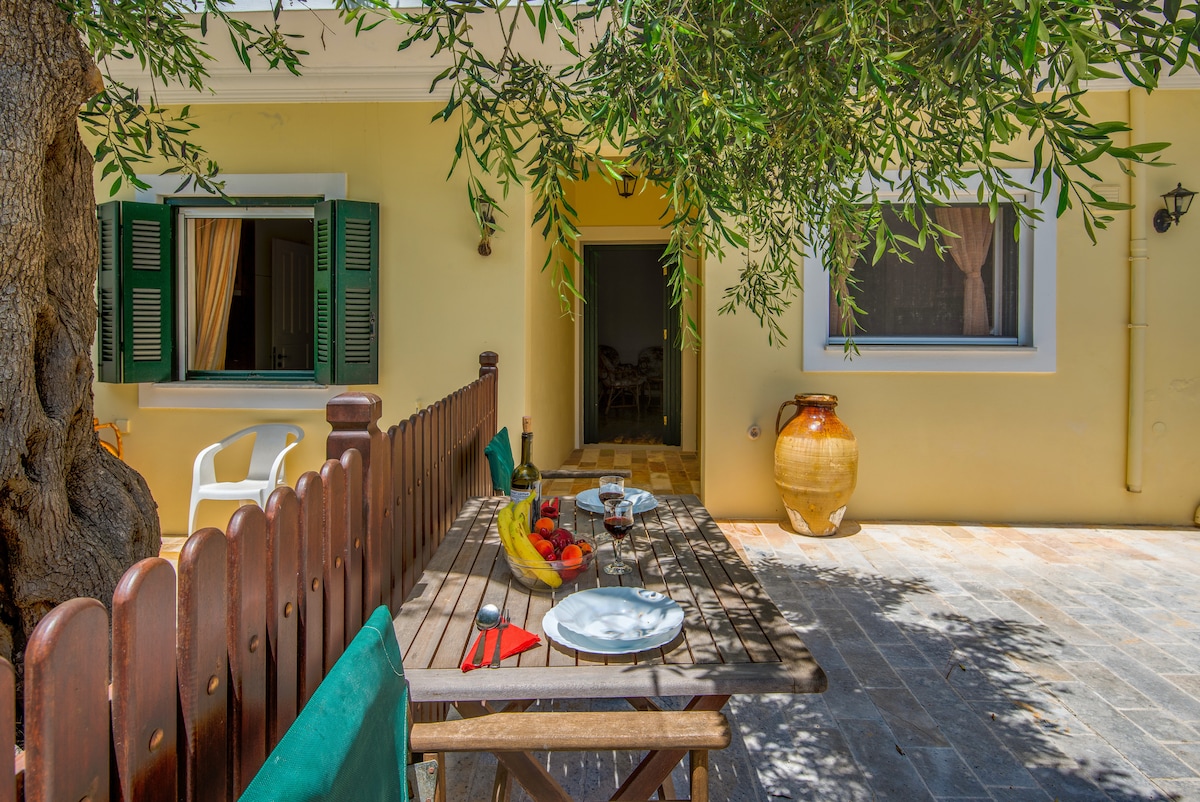 An outdoor dining area is set up with a wooden table, adorned with fresh fruits and tableware. A large tree provides shade, while a charming beige wall and green window shutters complement the scene. A decorative pottery piece sits nearby.