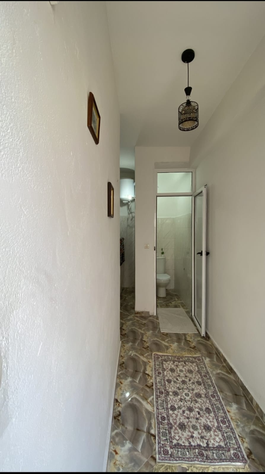 A bright hallway extends towards a glass door leading to the bathroom. The sleek tiled flooring is complemented by a decorative rug, while framed artworks adorn the walls, adding a touch of character to the space.