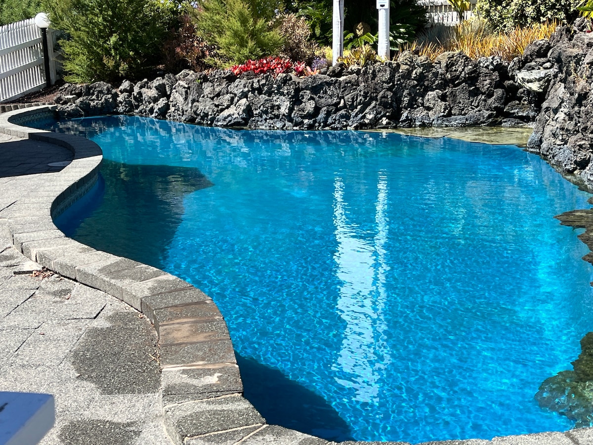 The swimming pool features a curving shape, accented by a stone border. Clear blue water reflects sunlight, surrounded by landscaped greenery and colorful plants. The pool area is bordered by textured stone and concrete, providing a serene and inviting environment.