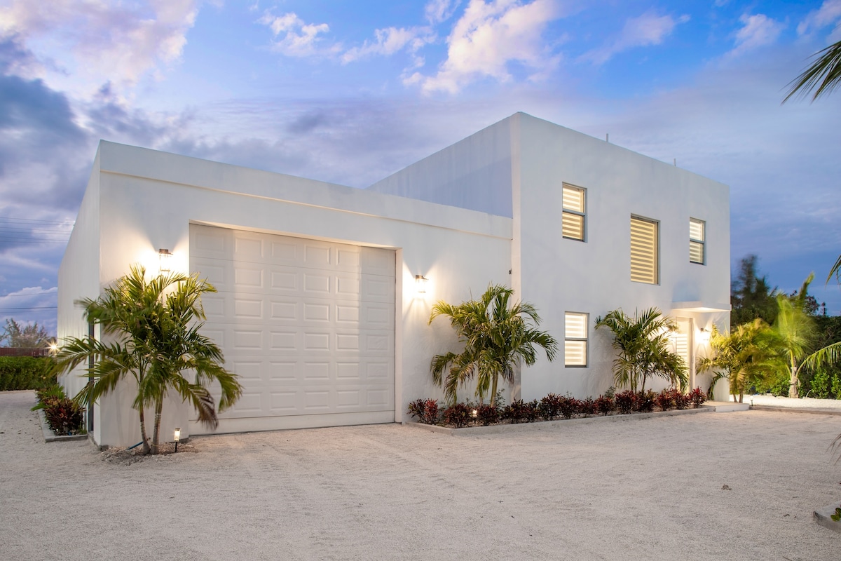 The exterior of the villa is shown, highlighting its modern design with crisp white walls. Lush palm trees are flanked on both sides, and the entrance is illuminated by soft lighting. A gravel driveway leads to the garage, framed by well-maintained landscaping.