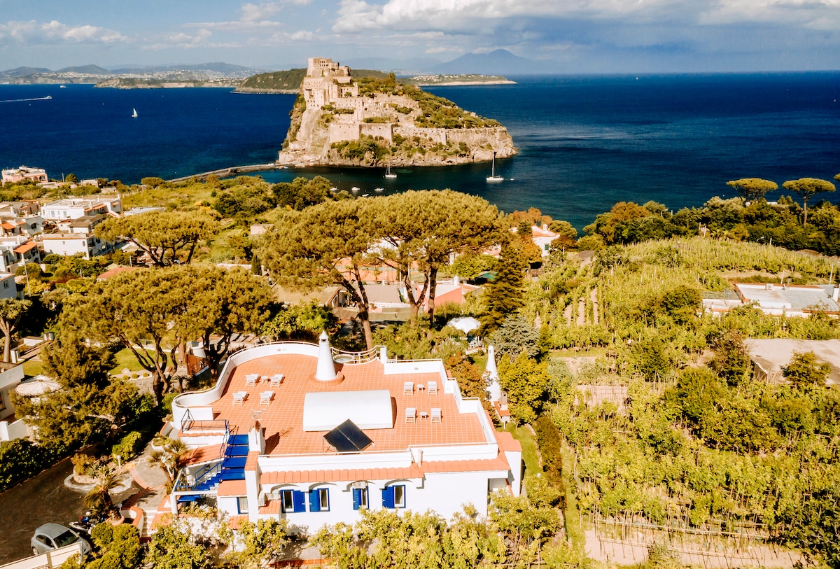 An aerial view showcases Villa Livia with its red-tiled roof and blue shutters, surrounded by lush greenery. The magnificent Castello Aragonese stands prominently on a nearby island, overlooking the serene blue waters of the Gulf of Naples and the distant coastline.