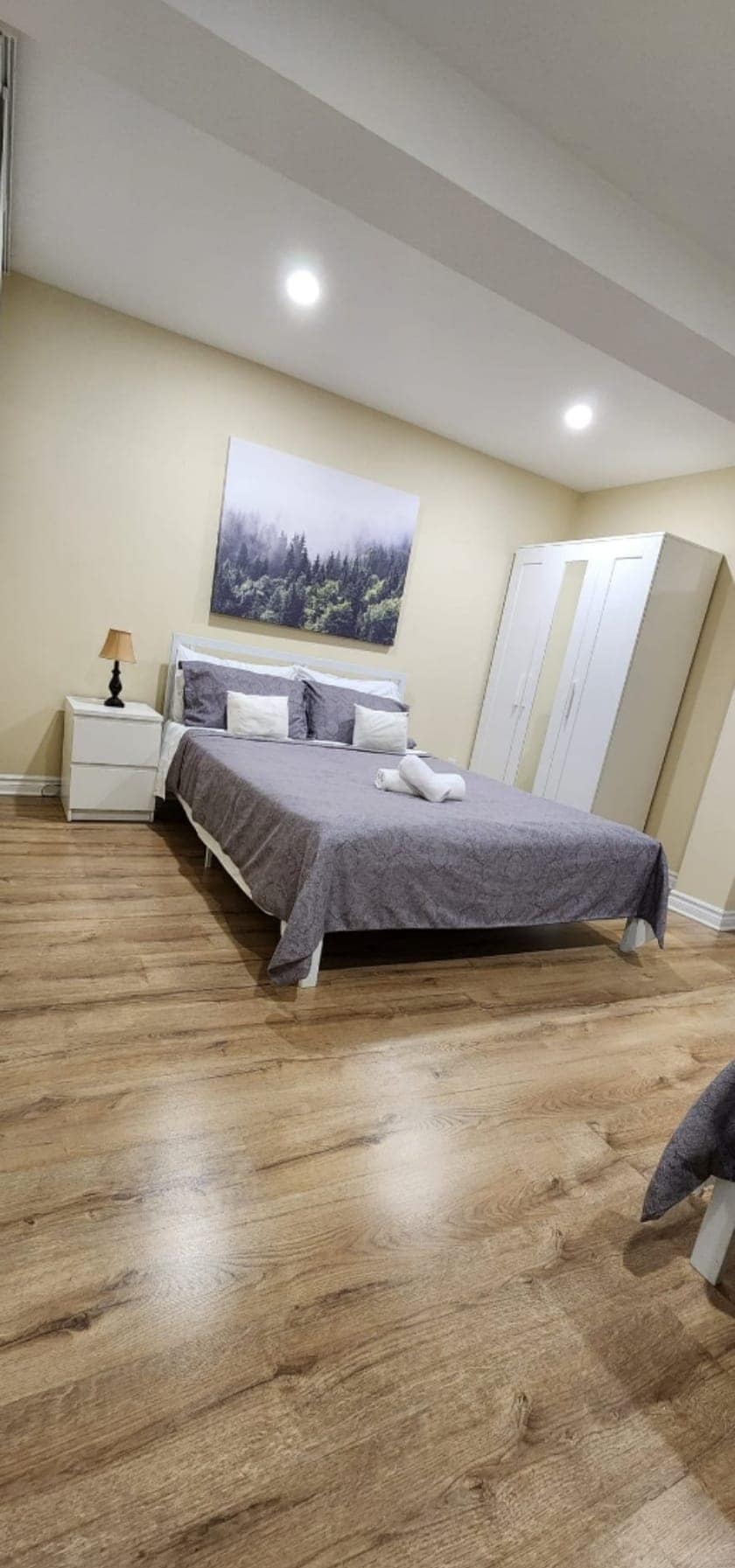 A bright bedroom is highlighted by a spacious bed covered with a light gray blanket, accompanied by white and gray decorative pillows. A simple nightstand supports a lamp, while a large sliding closet is positioned beside the bed. Light-colored wooden flooring extends throughout the room.