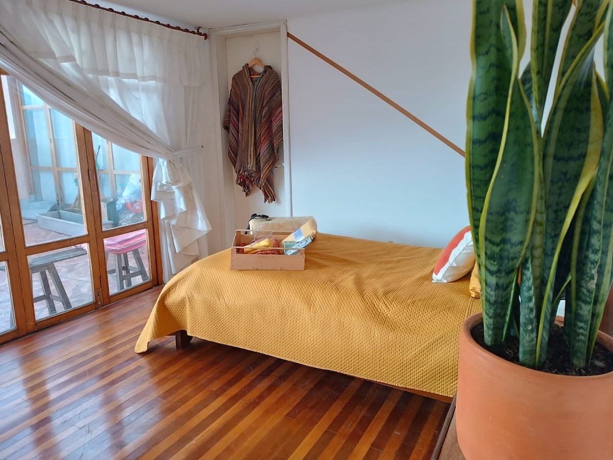 A cozy sleeping area features a twin bed covered with a golden-yellow blanket. Natural light pours in through large glass doors, which lead to the terrace. A potted snake plant adds greenery to the space, while an Ecuadorian poncho hangs nearby.