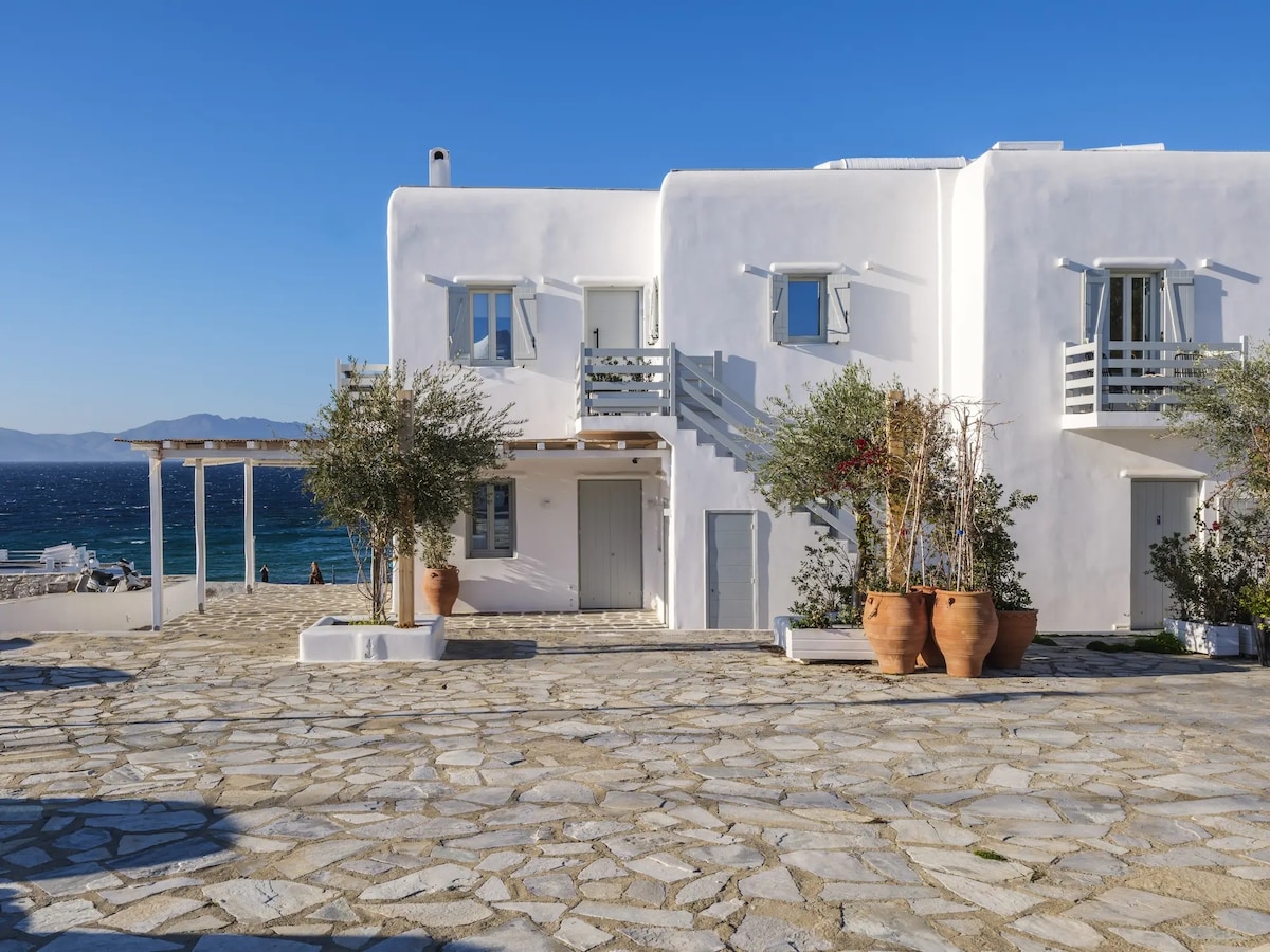 The exterior of the house features traditional Cycladic architecture with whitewashed walls and multiple windows. A stone pathway leads to the entrance, bordered by planters filled with greenery. The sea can be seen in the background under a clear blue sky, enhancing the serene atmosphere.
