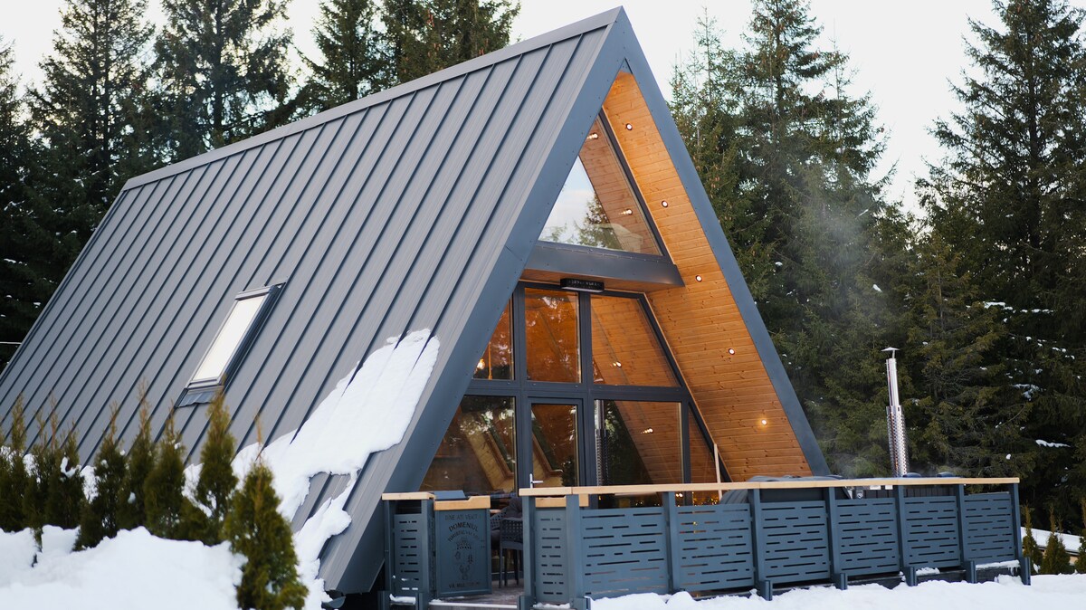 A modern A-frame cabin is showcased amidst a snowy landscape, featuring a sleek metal roof and large glass windows that invite natural light. A spacious deck is visible, bordered by low greenery, enhancing the cabin's connection with the surrounding nature.
