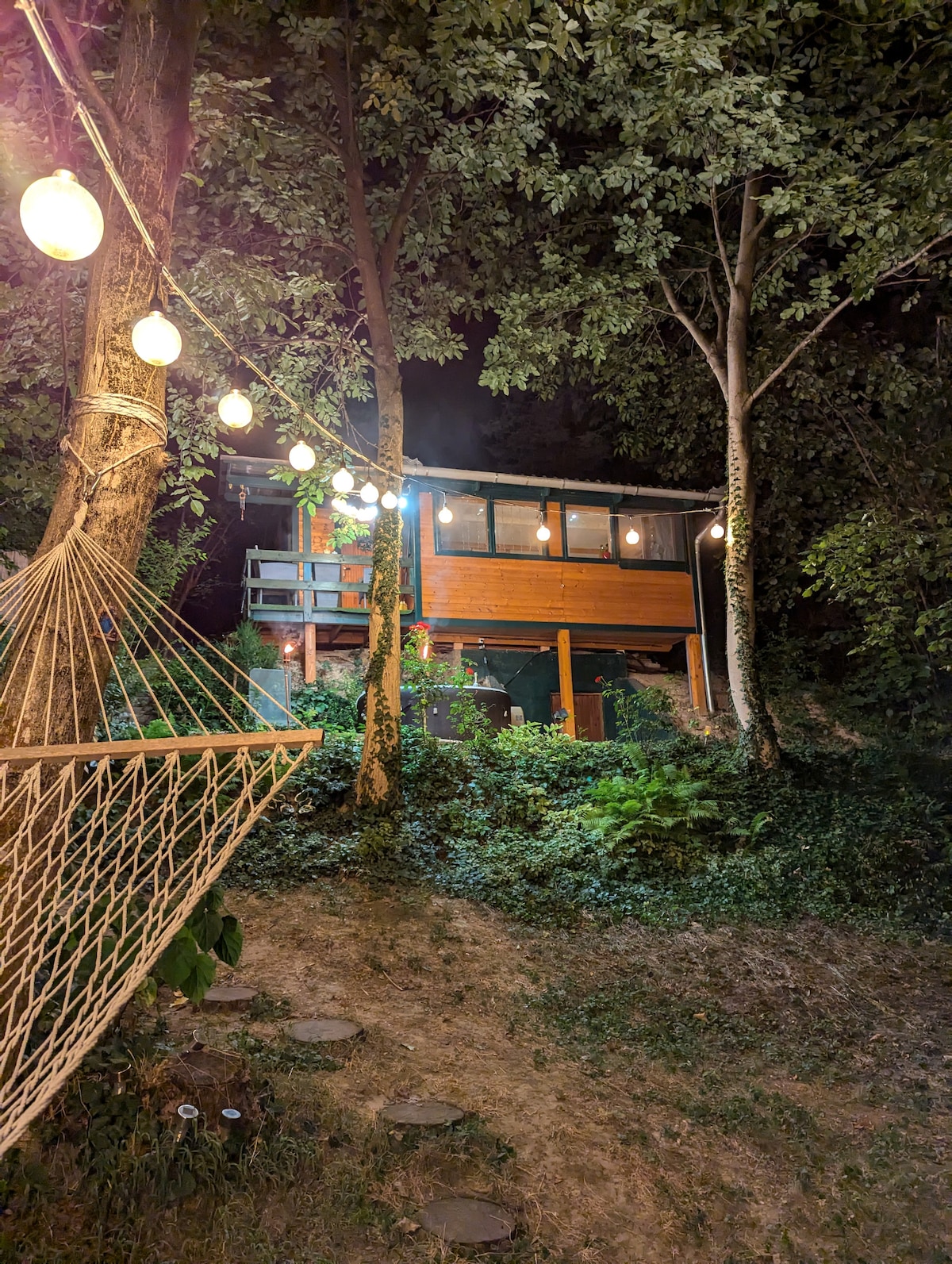 The wooden cabin is partially obscured by trees, illuminated by warm hanging lights. A hammock is positioned nearby, inviting relaxation, with lush greenery surrounding the area. The structure features large windows that reflect the soft glow of the lights, enhancing the serene atmosphere.