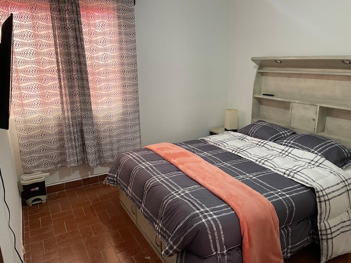 Chambre avec lit queen et télévision