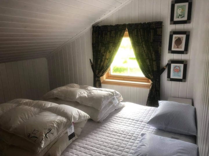 יש מיטה זוגית ומיטת תינוק ( עריסה ). ארון כפול לבגדים.