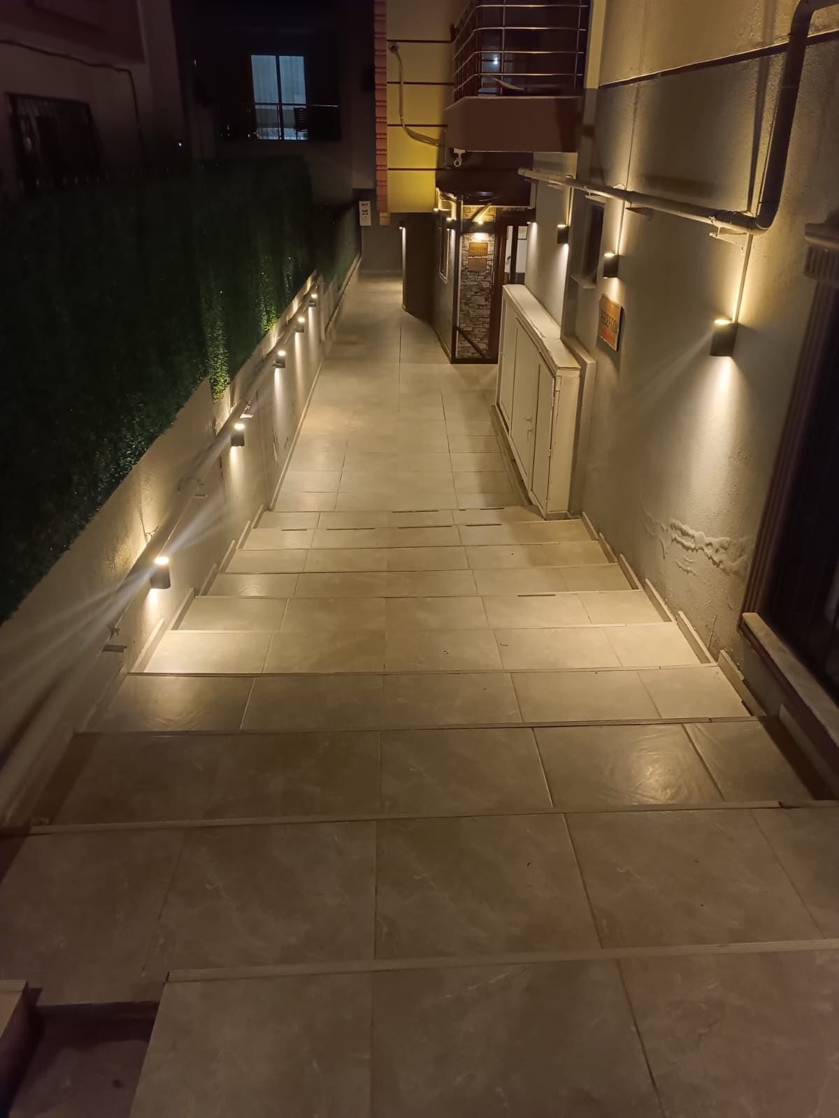 A well-lit staircase is shown with textured stone steps leading downward. Wall-mounted lights provide illumination along the path, highlighting the clean design. Foliage decorates one side, while the opposite side features a door, providing a welcoming entrance to the space.