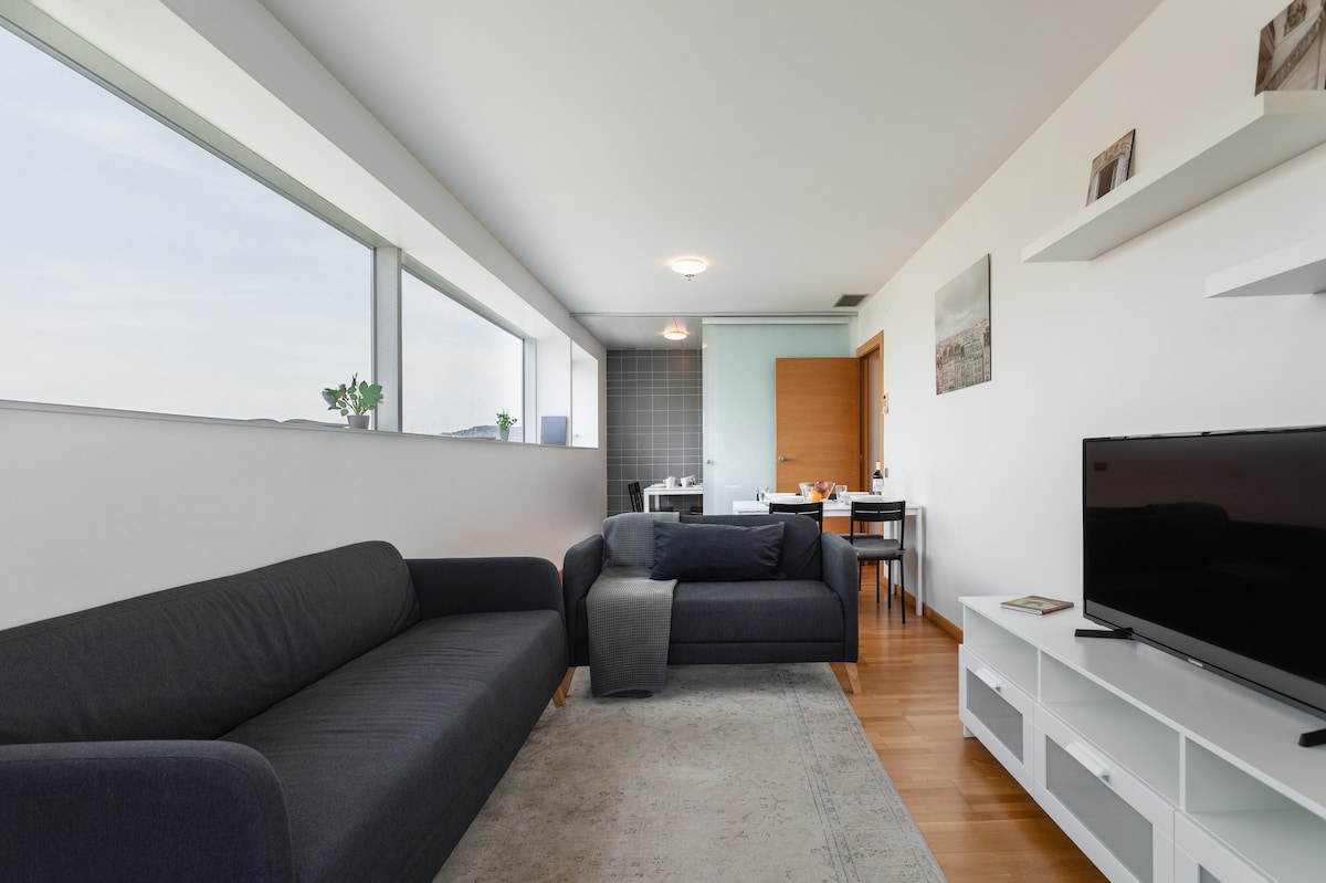 A stylish living area features a dark sofa and a matching armchair placed on a light rug. Large windows allow natural light to brighten the space, while a flat-screen TV is positioned on a white entertainment unit. A dining area is visible in the background.