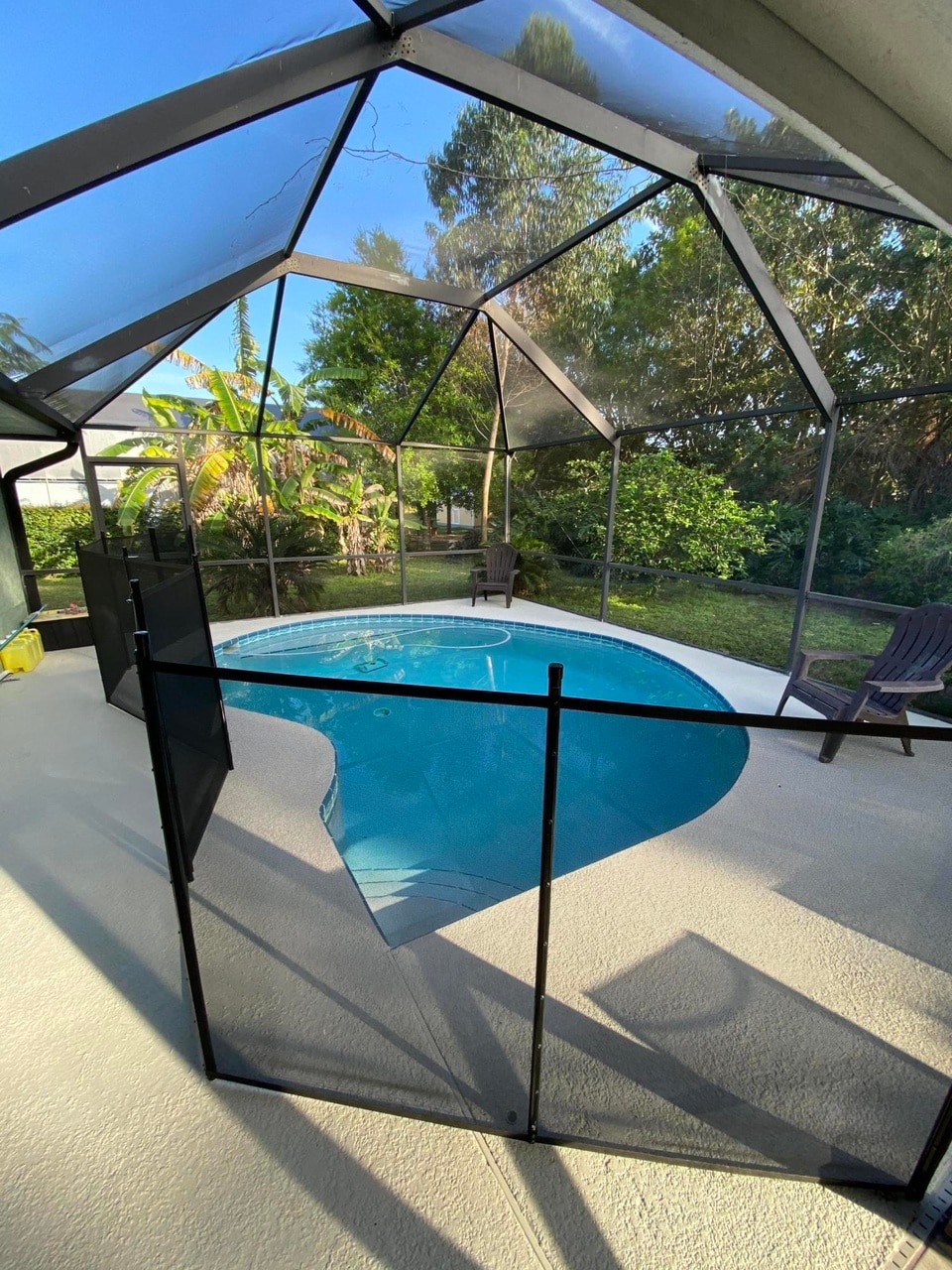 A private pool is enclosed within a screened lanai, featuring a gentle curve. Lush greenery surrounds the pool area, with palm trees and vibrant foliage visible. Two lounge chairs are positioned nearby, enhancing the peaceful atmosphere.