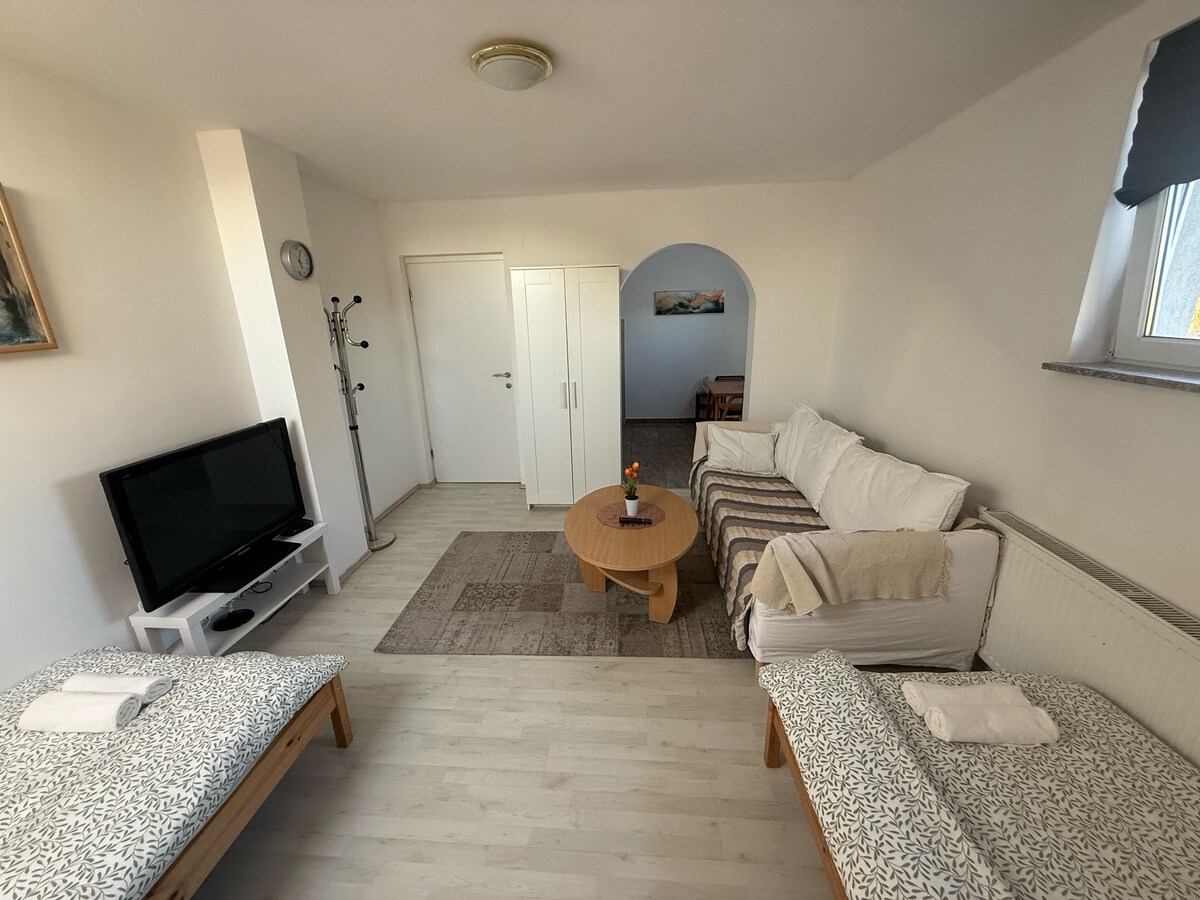 A bright living space features two single beds with patterned bedding, positioned beside a round wooden coffee table. A comfortable sofa and a television are situated opposite, while natural light enters through a window with simple blinds. A door leads to another room in the background.