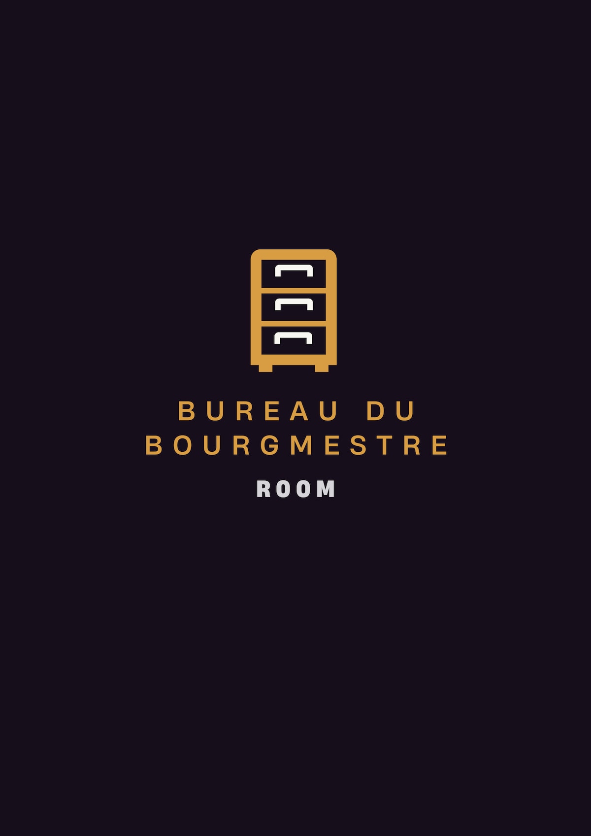 A minimalistic logo design is displayed in a dark background, featuring a stylized icon of a filing cabinet. The text reads 'Bureau du Bourgmesre' and 'Room,' indicating a professional and official theme.