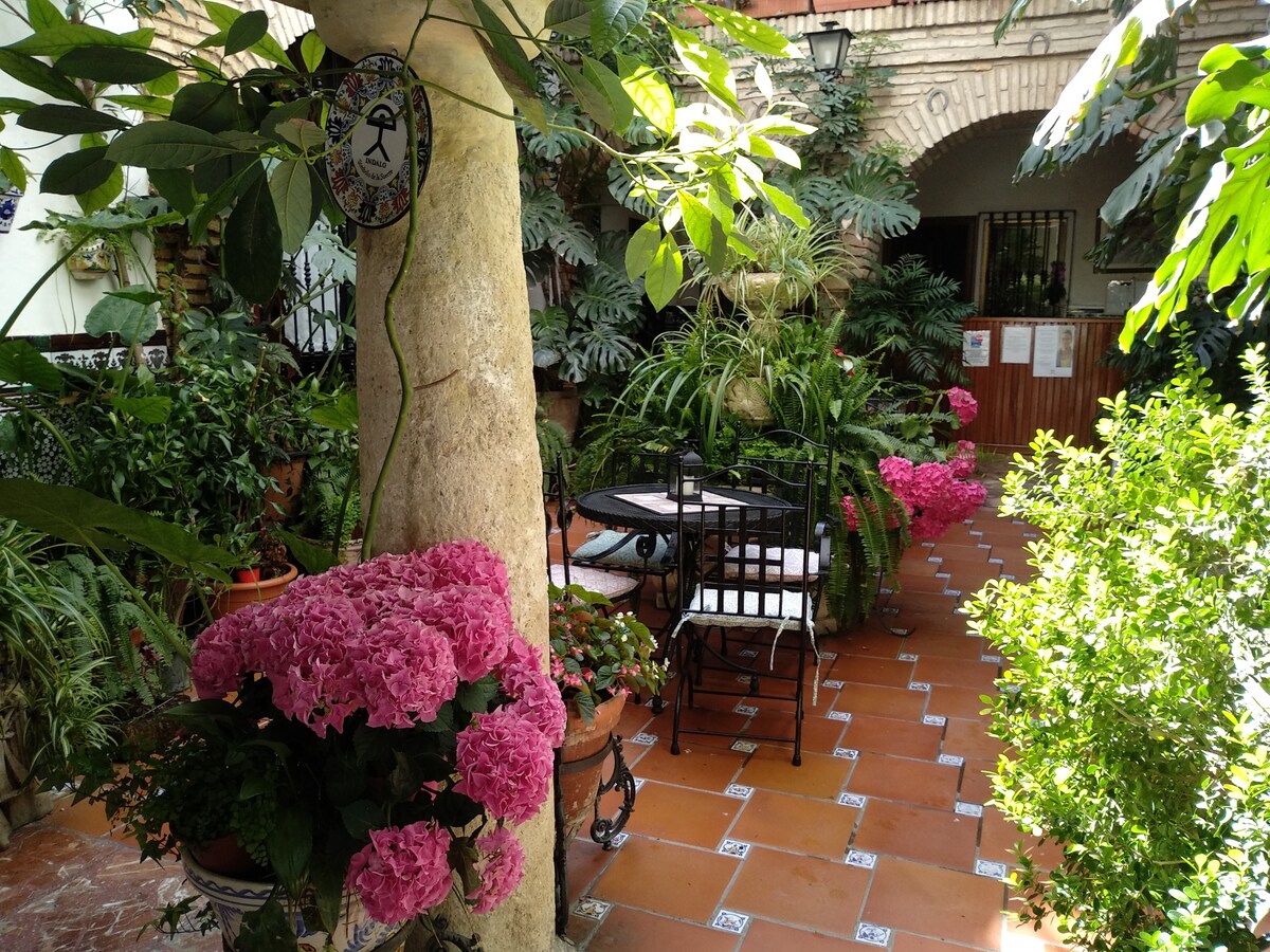 A tranquil courtyard is surrounded by lush greenery, featuring potted plants and vibrant pink flowers. A small, iron table with matching chairs is positioned under the shade of a tall column, creating a serene spot for relaxation. Warm terracotta tiles enhance the inviting atmosphere.