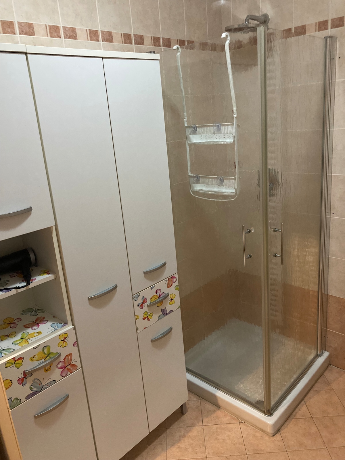 A clean and functional bathroom space is shown, featuring a glass shower enclosure with a rainfall showerhead. A compact storage cabinet with colorful decorative elements is positioned alongside, providing ample space for toiletries and personal items.