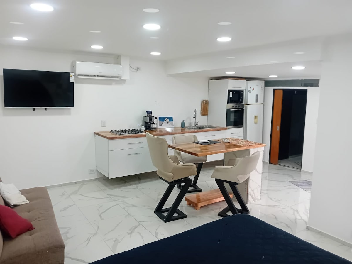 An open-concept living space features a compact kitchen equipped with modern appliances, including a stovetop, refrigerator, and coffee maker. A dining area with two cushioned chairs at a wooden table is present. A comfortable sofa and a wall-mounted television complete the inviting layout.
