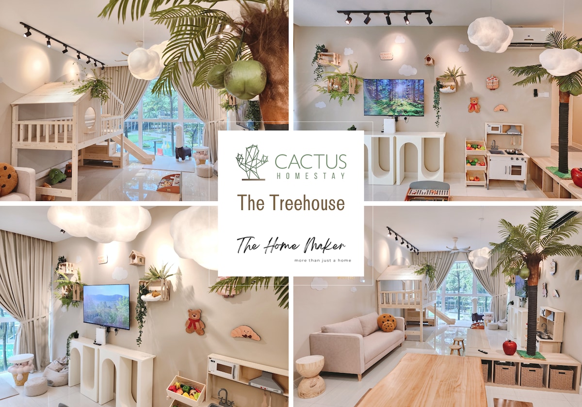 A cozy play area features a bunk bed, soft seating, and playful decor. Natural light fills the room, highlighting greenery and a television on the wall. A hanging swing adds a fun element, while large windows provide views of the surrounding environment.